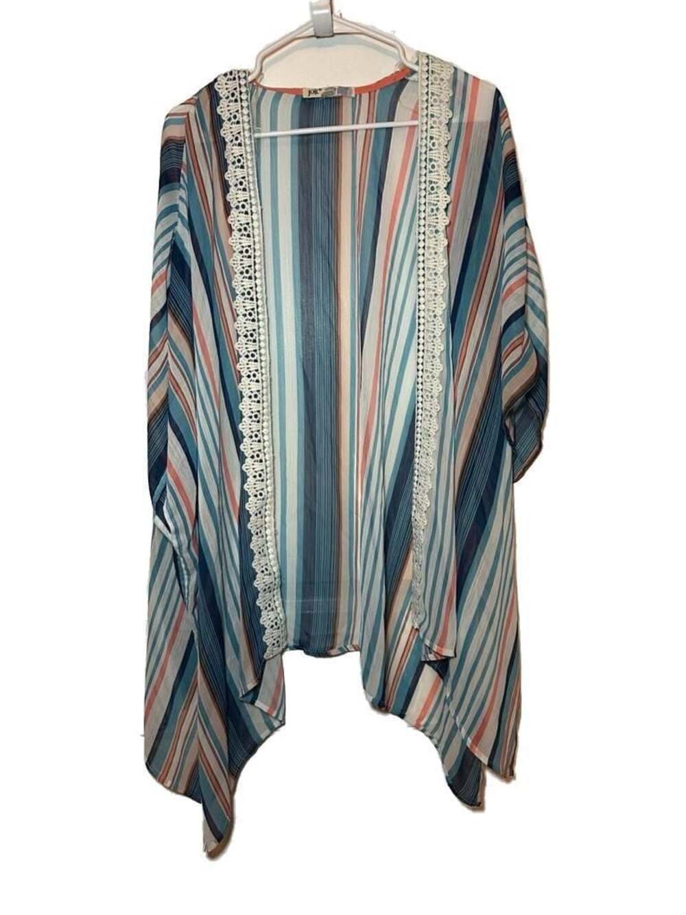 Jolt Striped Sheer Kimono Cardigan with Lace Trim XL